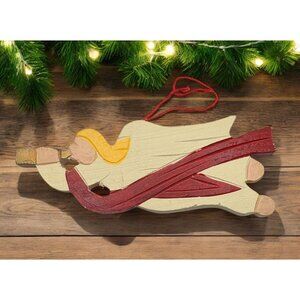 Vintage Wooden Angel Christmas Tree Ornament with Trumpet Horn & Red Sash